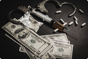 Drugs, scattered money, and handcuffs on black background, symbolizing drug possession - Matthew P. Kelley, Attorney At Law